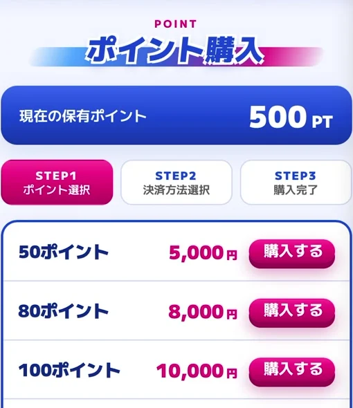 カジトリのポイント購入画面。50ポイント5000円、100ポイント10000円