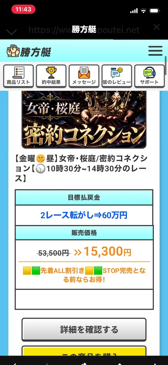 勝方艇の密約コネクション販売価格15,300円の表示